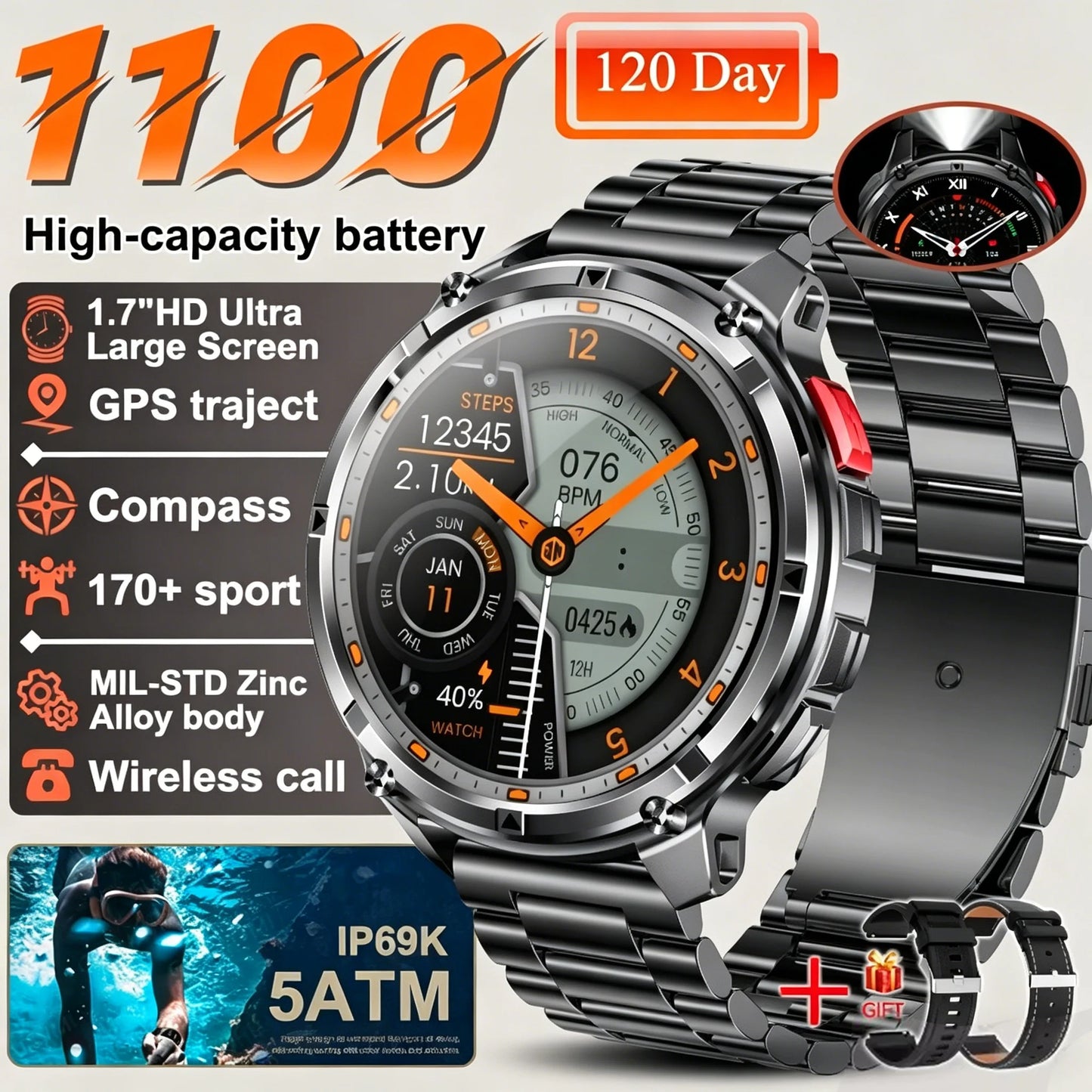 Nouvelle montre connectée T-REX3 Ultra avec batterie 1100 mAh, étanche 10 ATM, GPS, boussole, lampe de poche, écran AMOLED HD 1,7" et appels, montre de sport intelligente pour hommes