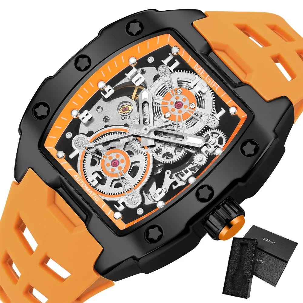MEGIR Montre Homme Sport Tendance Boîtier Alliage Mécanique Étanche Bracelet Silicone Cadran Tonneau Aiguilles Lumineuses Montres-bracelets Homme