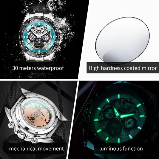OLEVS 6713 Business Men's Watches Moon Phase Luminous Calendar Skeleton Automatic Mechanical Wristwatch for Man