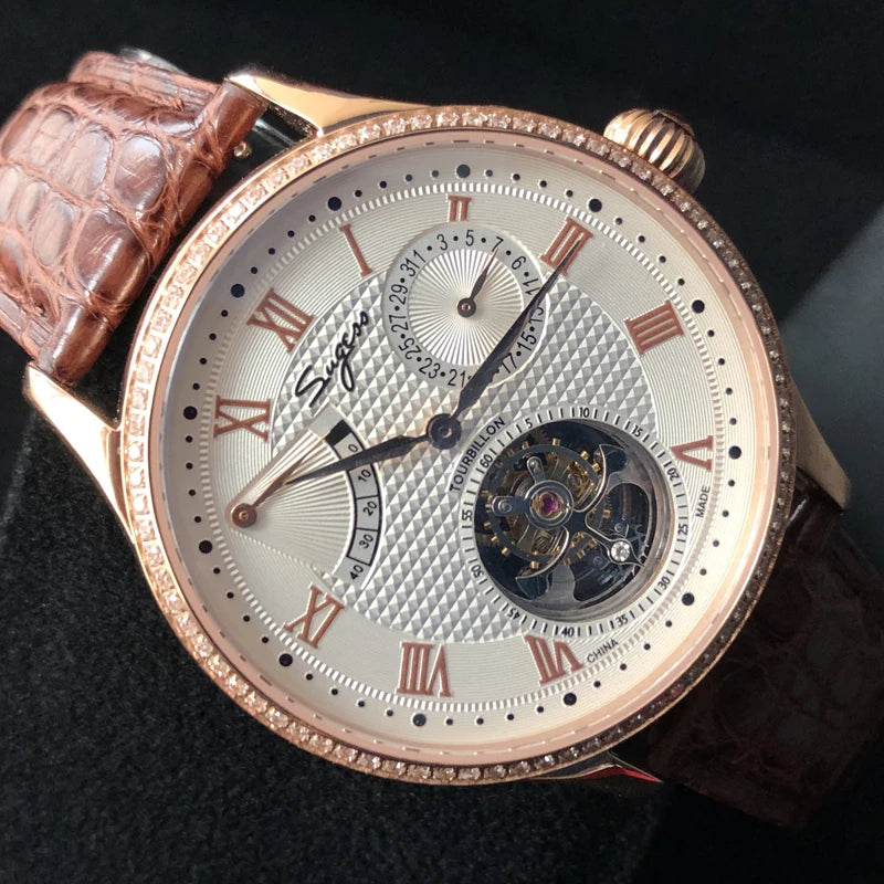 Sugess Montre Tourbillon Véritable Original Mouvement ST8001 Hommes Calendrier Squelette Or Diamant Montres Remontage Manuel/Automatique