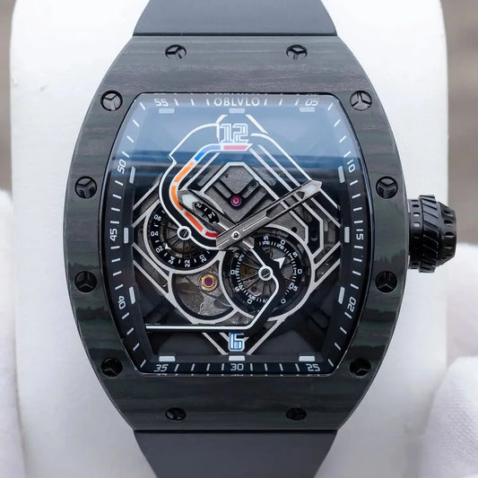 OBLVLO Men Automatic Watch 43mm Mechanical Tonneau Case Wristwatch Skeleton Racing Dial 50M Waterproof Luminous Miyota 82S7