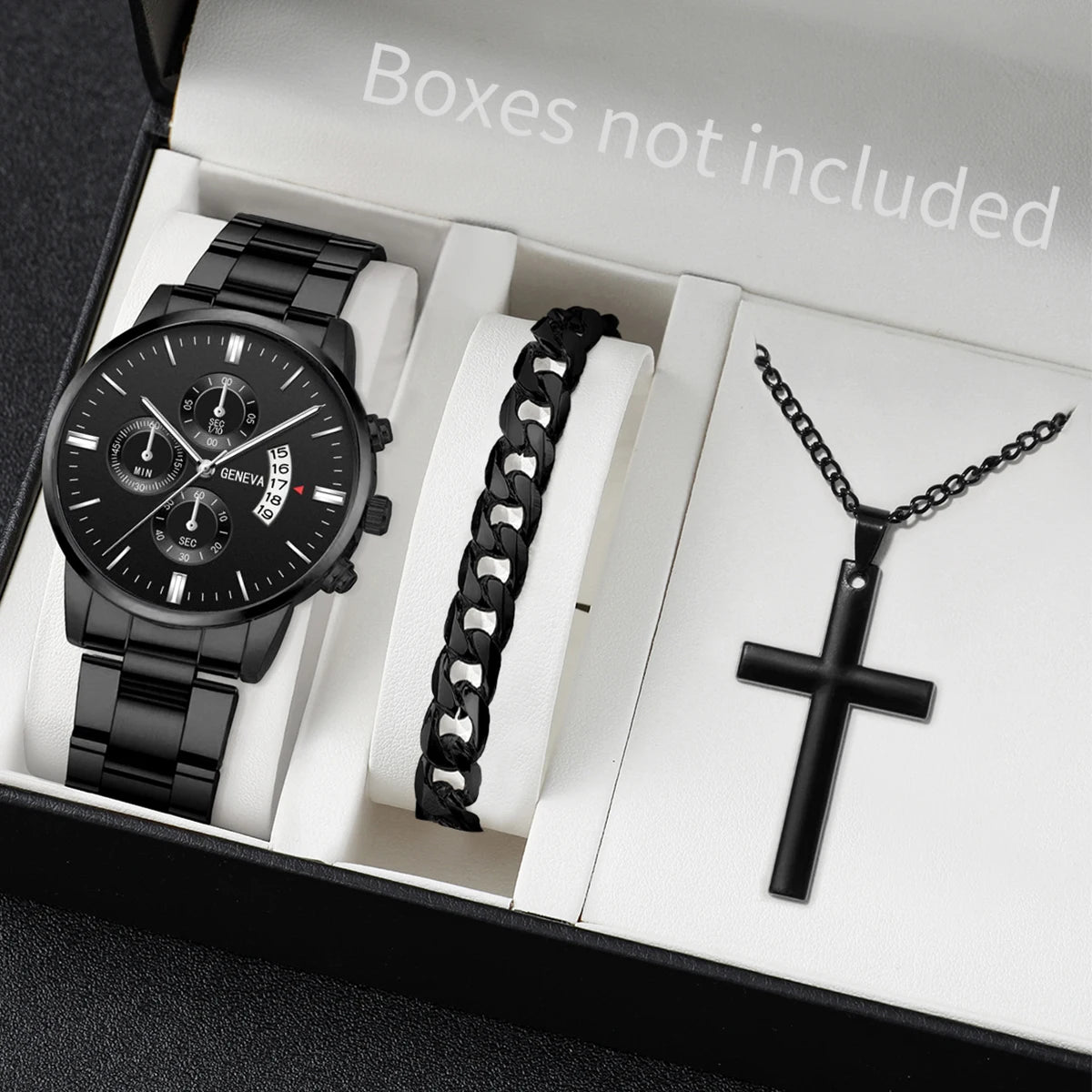 3 pièces/ensemble Montre à bracelet en acier inoxydable pour hommes, mode, montre-bracelet décontractée à quartz avec calendrier, ensemble de bijoux (sans boîte)