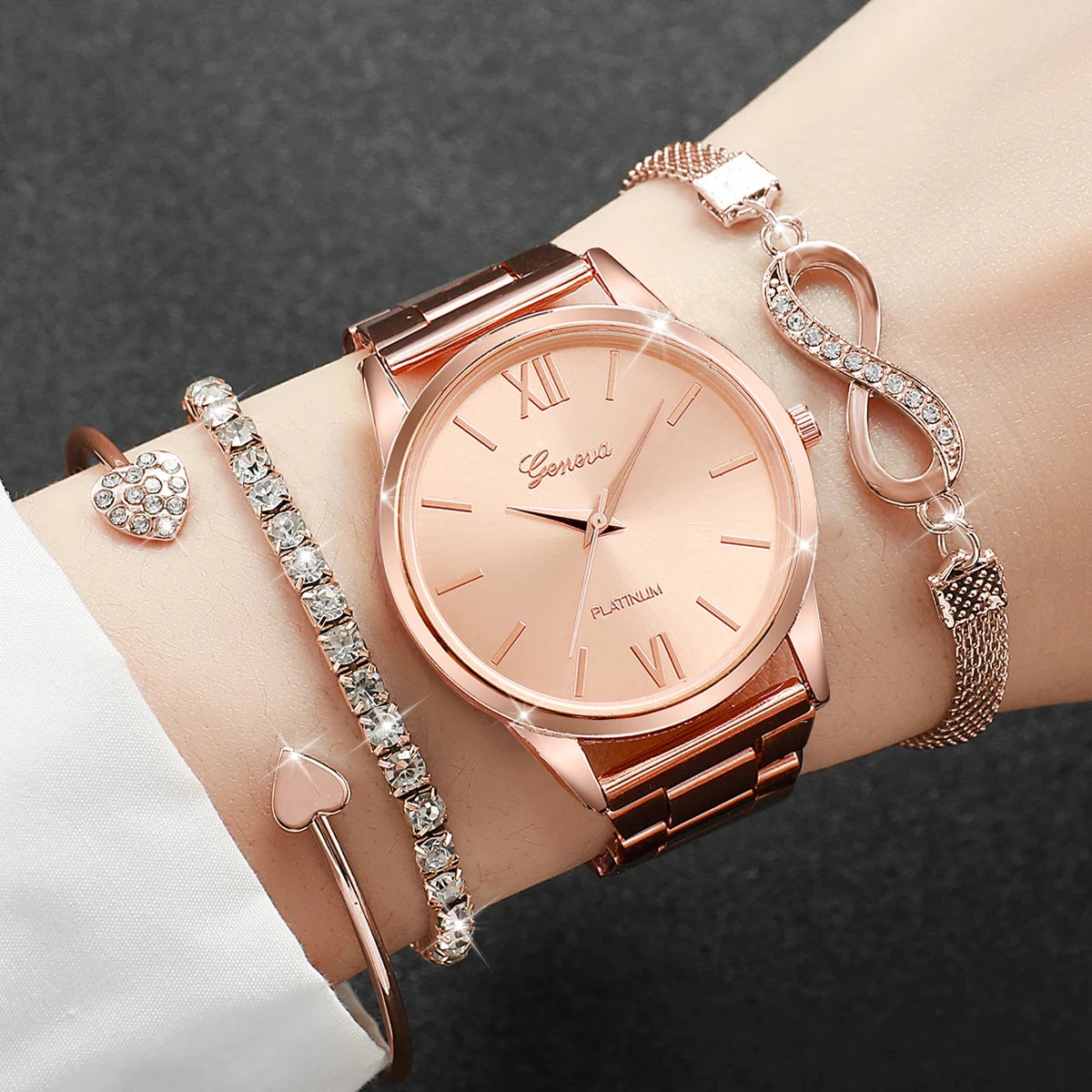 4PCS/Set Fashion Rhinestone Women Watches Luxury Steel Band Ladies Quartz Watch Bracelets Set Reloj Mujer(Without Box)