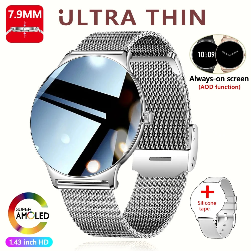 2026 Nouvelle Montre Connectée Ultra Mince 7.9MM Femmes Écran Toujours Affiché Temps Bracelet Sport Appel Bluetooth Montres Intelligentes Mode ios