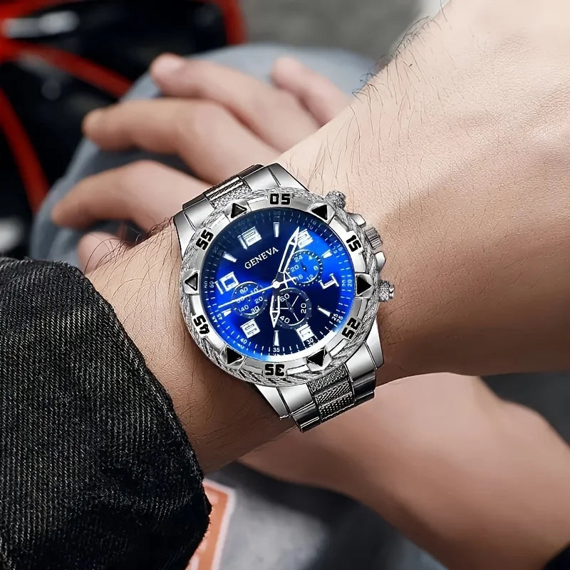 Montre à quartz pour hommes tendance 4pcs/1pcs - bracelet en acier inoxydable, boîtier rond en alliage de zinc, sports électroniques