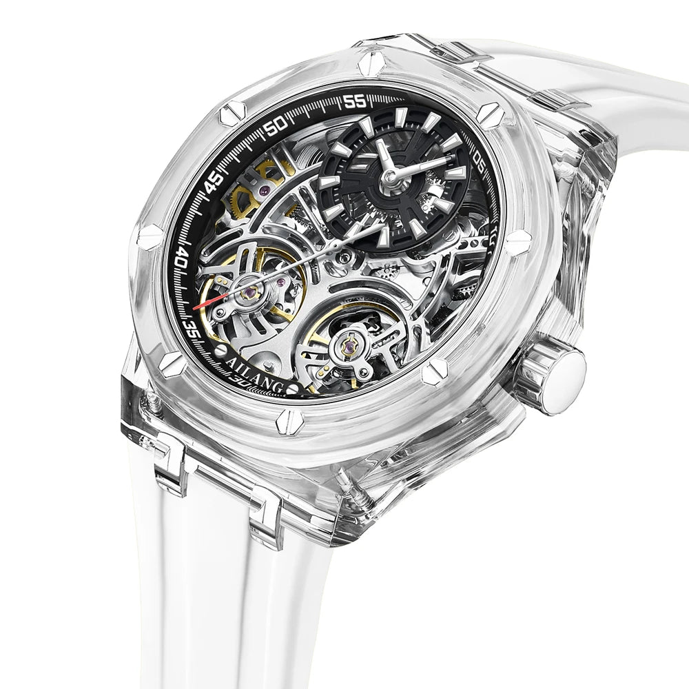 Double Tourbillon Design Luxury Men's Watch Yellow Transparent Case Rubber Fashion Style Leisure Automatic Mechanical Watch Men