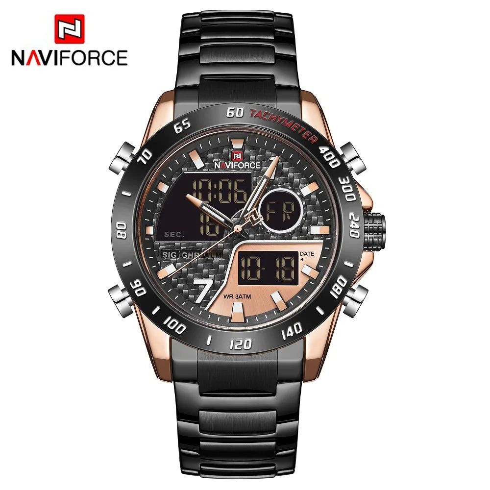 Montres numériques NAVIFORCE pour hommes Montres-bracelets de sport de luxe en acier inoxydable à quartz Étanche militaire Lumineuse pour homme