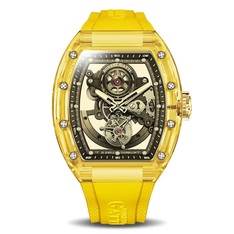 ChronoState BONEST GATTI Tourbillon – Montre Squelette Automatique en Cristal | Bracelet en Caoutchouc Lumineux Saphir