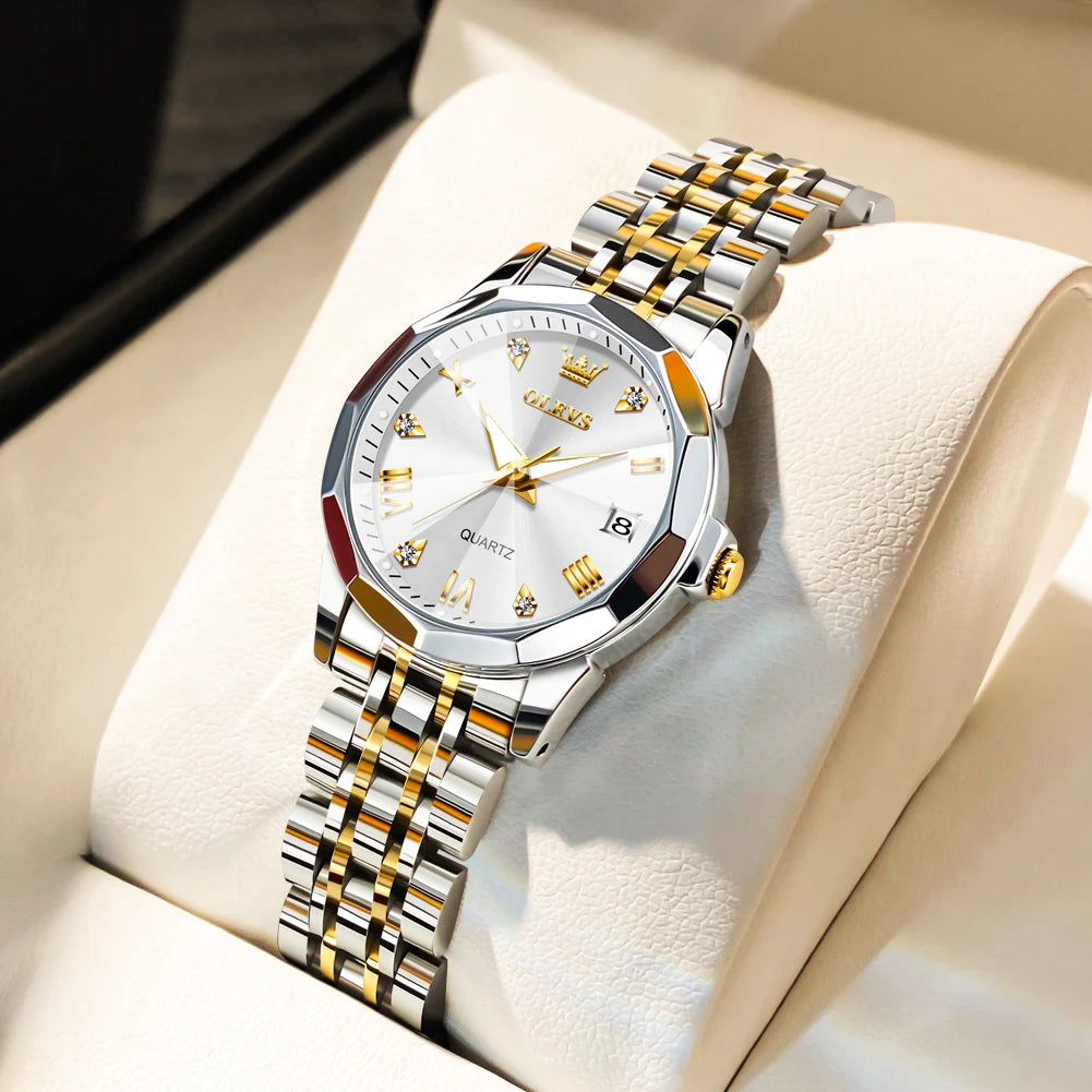 OLEVS Fashion Golden Watch for Women Stainless Steel Waterproof Women's Watches Elegant Original Luxury Ladies Quartz Wristwatch