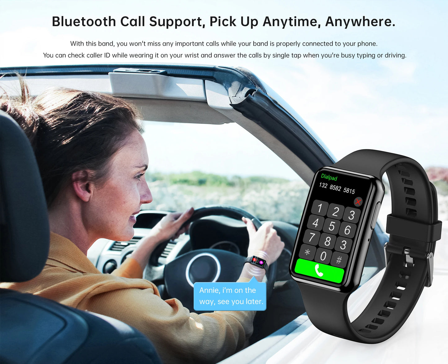 Bracelet intelligent 1,47 pouce avec appel BT, moniteur de fréquence cardiaque, tension artérielle, fitness, sport