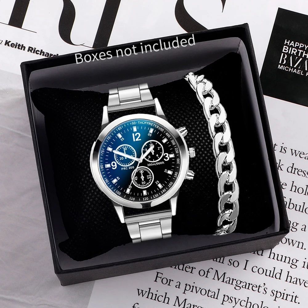 Men's quartz watch with stainless steel bracelet and matching accessory