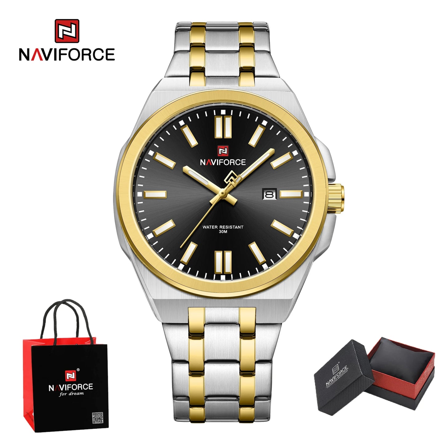 Montre bracelet de luxe à Quartz NAVIFORCE pour hommes, lumineuse, en acier, étanche avec calendrier, cadeau Reloj Hombre