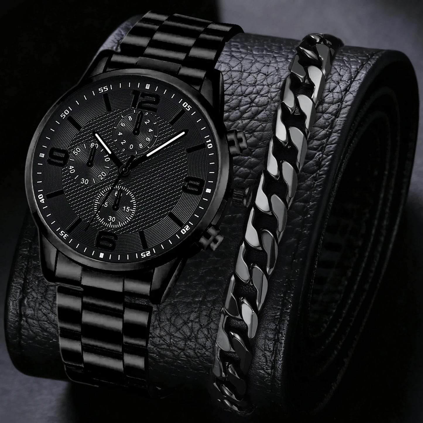 2/4PCS Men's Watch Set Business Trend Fashion Classic Three Eye Quartz Watch Bracelet Necklace Ring Set Perfect Gift