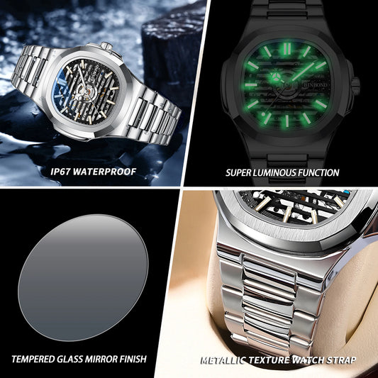BINBOND automatic tourbillon precise men's watch mechanical wristwatches for men luxury luminous waterproof skeleton reloj