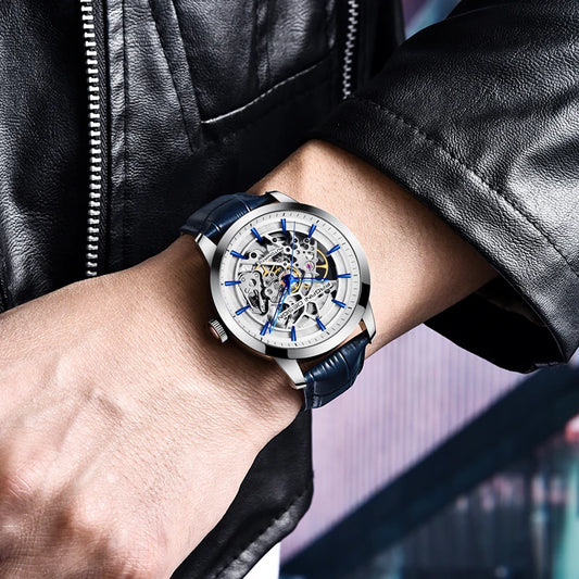ChronoState Royal Eclipse Luxury Skeleton Automatic Watch with Blue Leather Strap