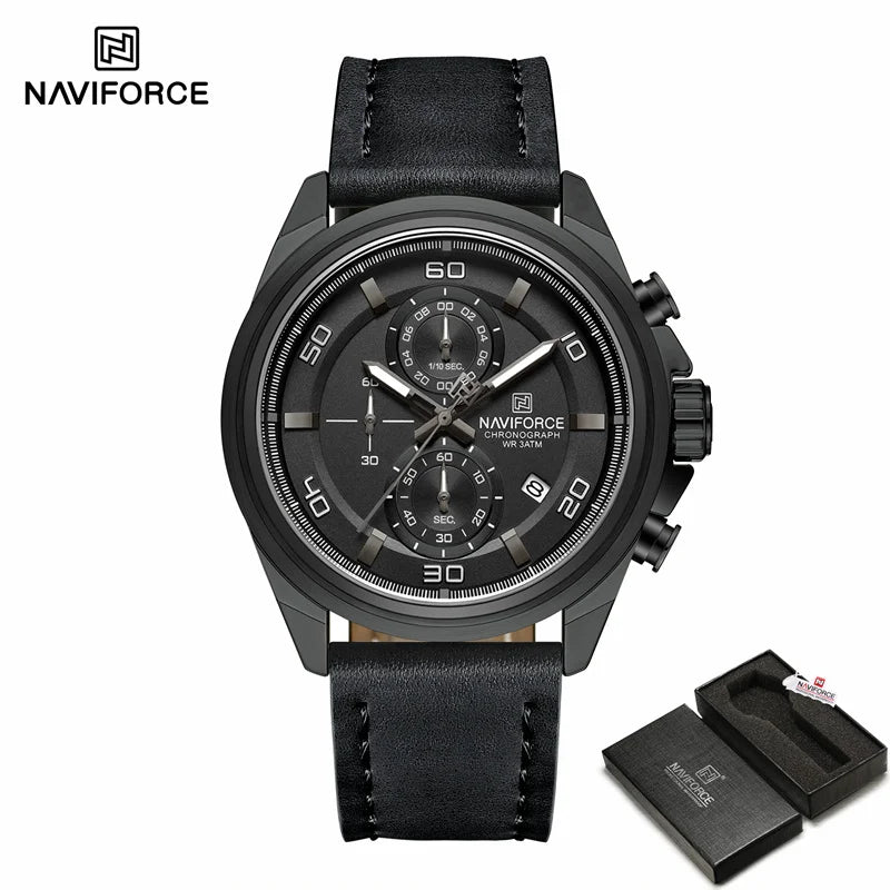 Montre homme décontractée NAVIFORCE Résistante à l'eau 3 ATM, calendrier, cadran lumineux avec bracelet en cuir, cadeau, design original