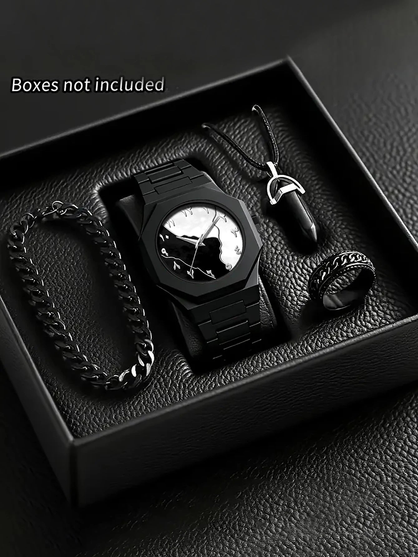 Ensemble Montre à Quartz Homme Bracelet Collier Bague, Bracelet en Plastique, Idéal pour le Quotidien et les Cadeaux de Fête, Boîte Non Incluse