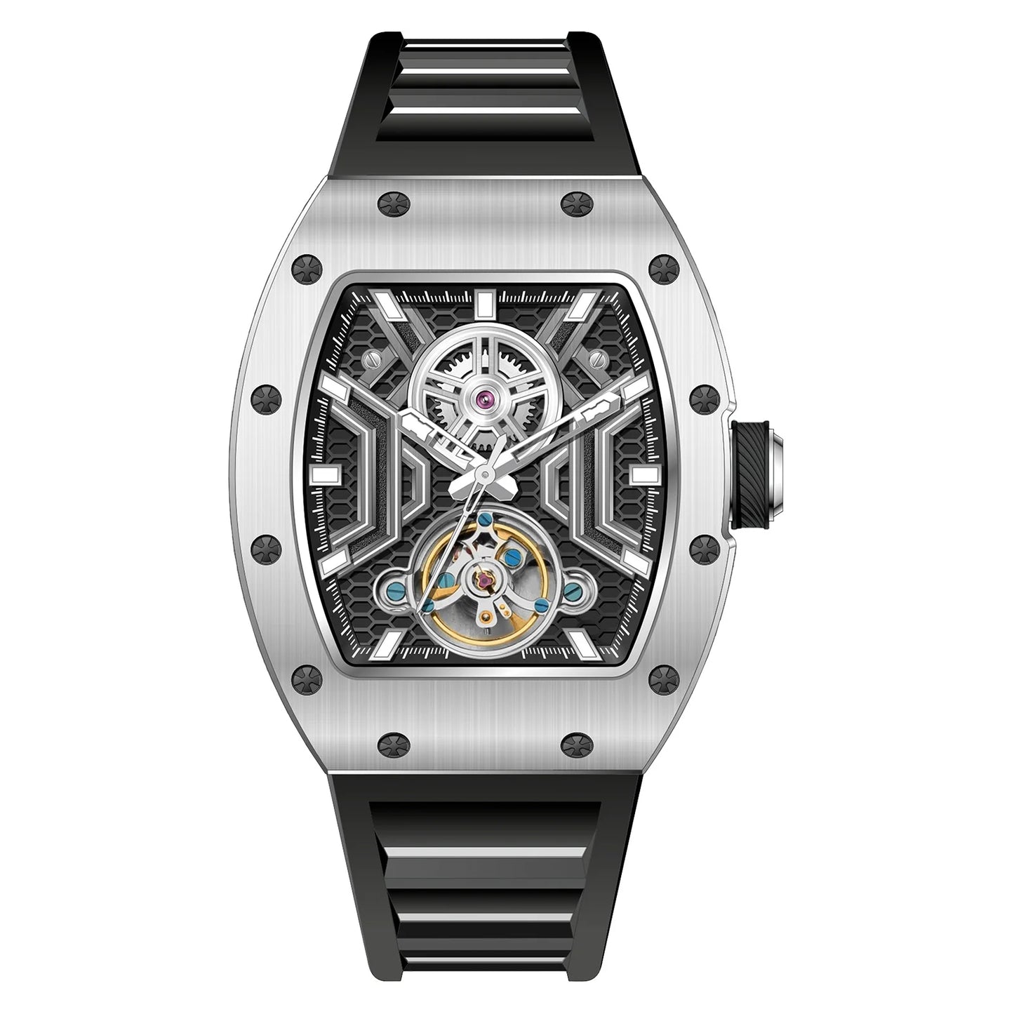 CHANCE Men Wristwatch Fashion Black Waterproof Automatic Mechanical Watch with Luminous Hands Silicone Strap Tonneau Dial