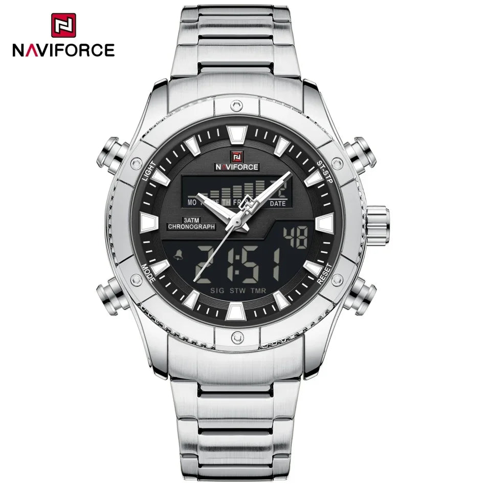 Montre NAVIFORCE Originale Neuve pour Hommes Double Affichage Heure Étanche Acier Inoxydable Multifonction Compte à Rebours Sports Réveil