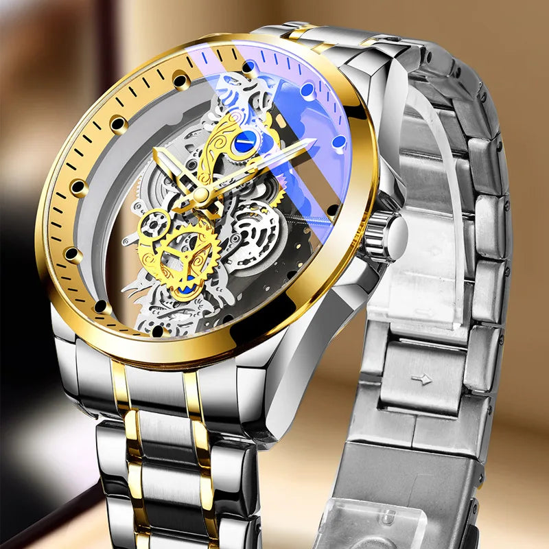 Montre transparente de mode en solde pour hommes, montres mécaniques d'imitation, cadran lumineux, bracelet en acier inoxydable, montres-bracelets à quartz pour hommes