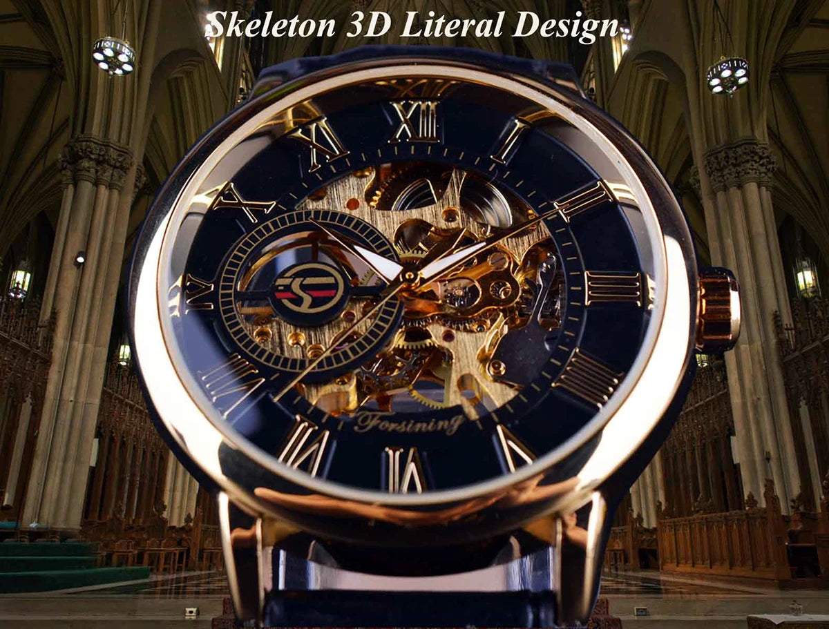 Forsining Design 3D Logo Gravure Creuse Boîtier Noir et Doré Montres Mécaniques Squelette Homme Marque de Luxe Heren Horloge