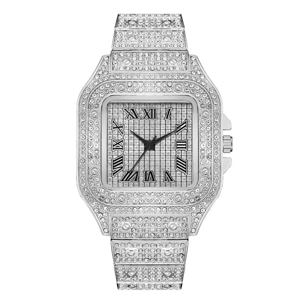 Montre-bracelet à quartz classique de luxe pour hommes avec bracelet en acier, cadran carré à chiffres romains et strass, pour hommes, Relogio Masculino