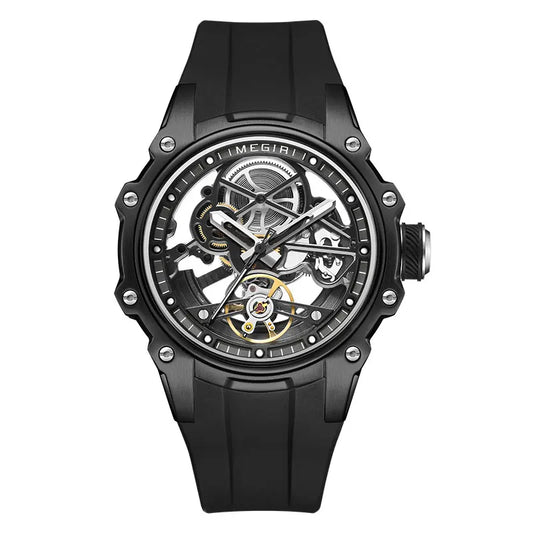 MEGIR Sports Automatic Mechanical Watch for Men Fashion Stainless Steel Cased Wristwatch with White Silicone Strap Skeleton Dial