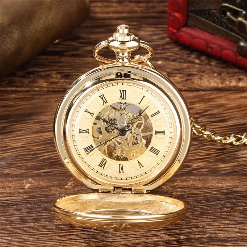 Luxury Golden Double Hunter Handwinding Mechanical Pocket Watch Roman Number Dial with Pendant Chain Retro Timepiece Gift