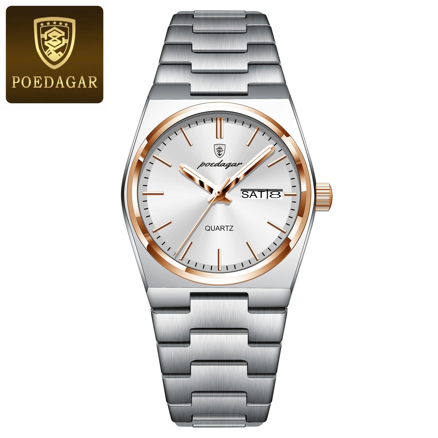 POEDAGAR Montres élégantes pour femmes Étanche Lumineux Date Semaine Montre Femme Quartz Acier inoxydable Montre-bracelet de mode pour femme
