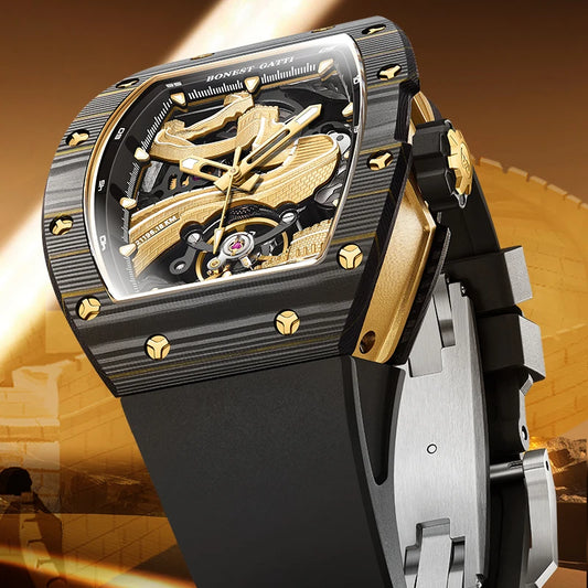 BONEST GATTI Men Automatic Watch 51mm Tonneau Mechanical Wristwatch Carbon Fiber Sapphire Mirror Luminous Great Wall Dial