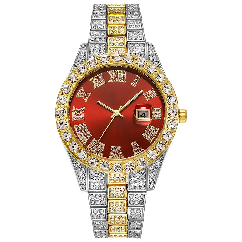 Montre de luxe hip-hop en acier inoxydable doré avec calendrier pour homme, sertie de strass, montre pour homme Reloj Hombre