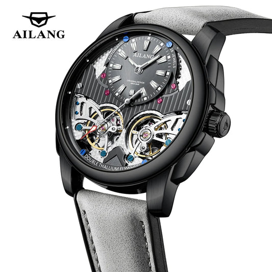 AILANG Business Mechanical Watches Men Top Brand Luxury Leather Waterproof Double Tourbillon Watch For Men Automatic Wristwatch