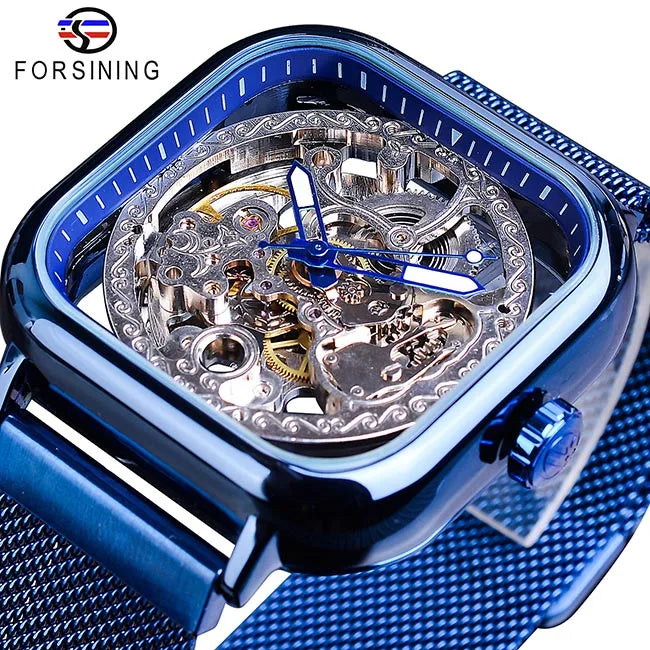 Forsining Montres mécaniques pour hommes, à remontage automatique, dorées transparentes, mode, maille acier, montre-bracelet squelette pour homme, chaude du moment