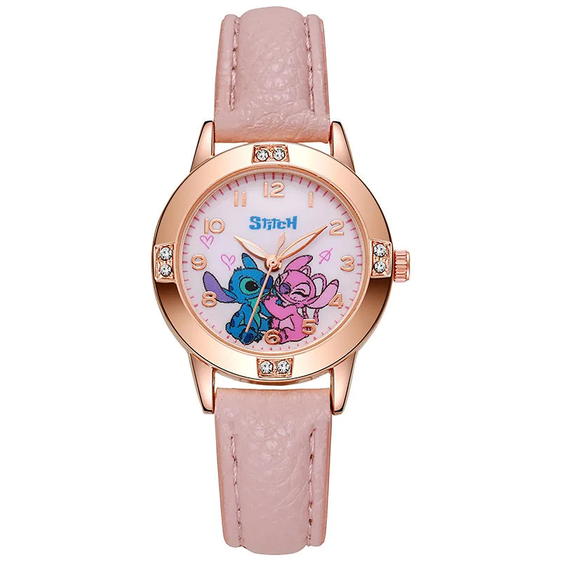 Stitch-themed kids watch with leather strap and rhinestone dial