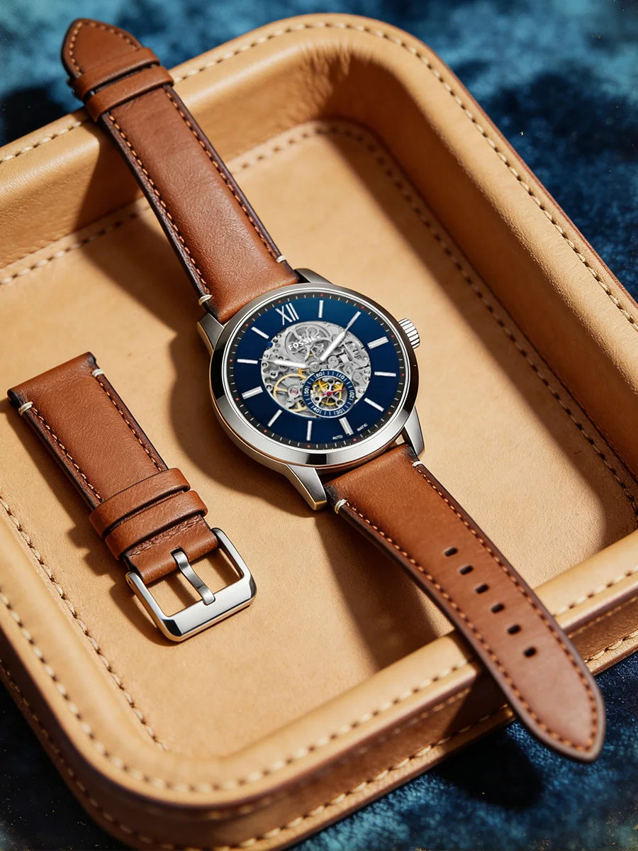 Montre Automatique Mécanique Homme Fossil Cadran Squelette Mouvement Visible Bracelet Cuir Bleu Marine Habillée Business Cadeau Petit Ami