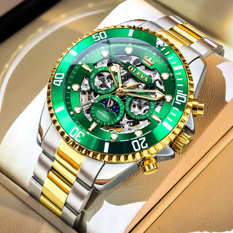 OLEVS Marque Luxe Automatique Mécanique Montre Homme Squelette Montre Jour Date Étanche Acier Inoxydable Creux Affaires Homme Montre