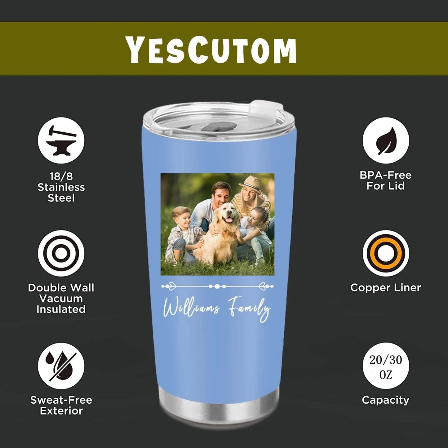 Bouteille d'eau personnalisée avec image et texte pour couple/famille, impression double face, mug de voyage isotherme en acier inoxydable