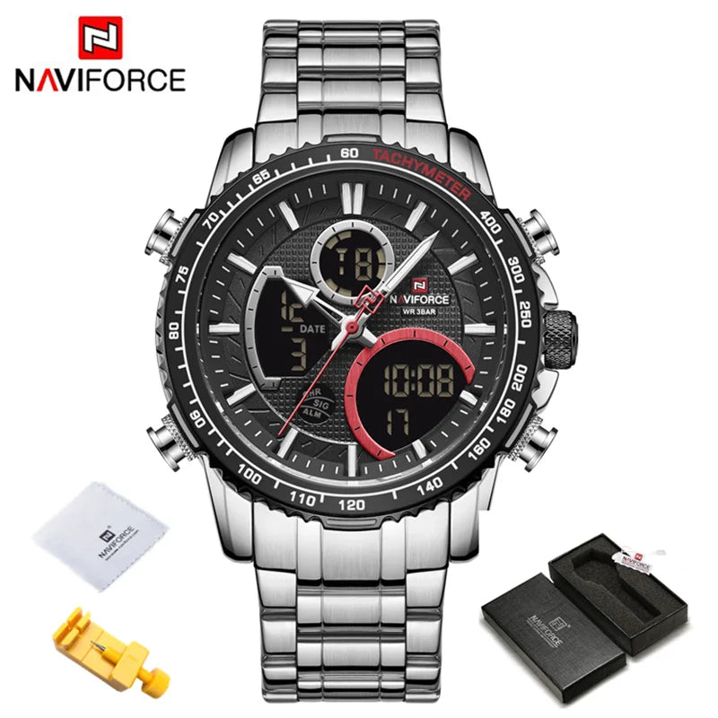 NAVIFORCE Montre Homme Tendance Marque de Luxe Sport Chronographe à Quartz Étanche Militaire en Acier Inoxydable
