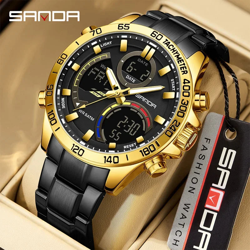 Montre électronique SANDA double affichage pour homme, double mouvement, étanche 5 ATM, acier inoxydable, triple fuseau horaire, montre de sport pour adolescent