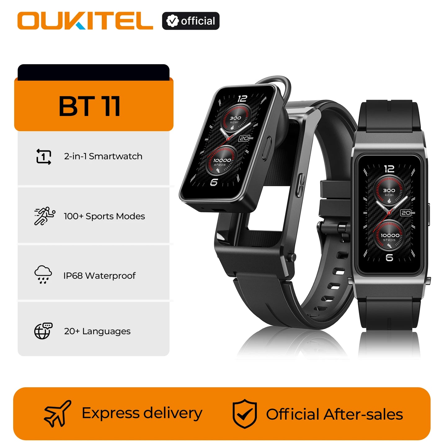 OUKITEL BT11 Smartwatch Oreillette Bluetooth 2-en-1, Surveillance de la santé 24h/24, Écran AMOLED 1,47", Montre connectée de sport étanche