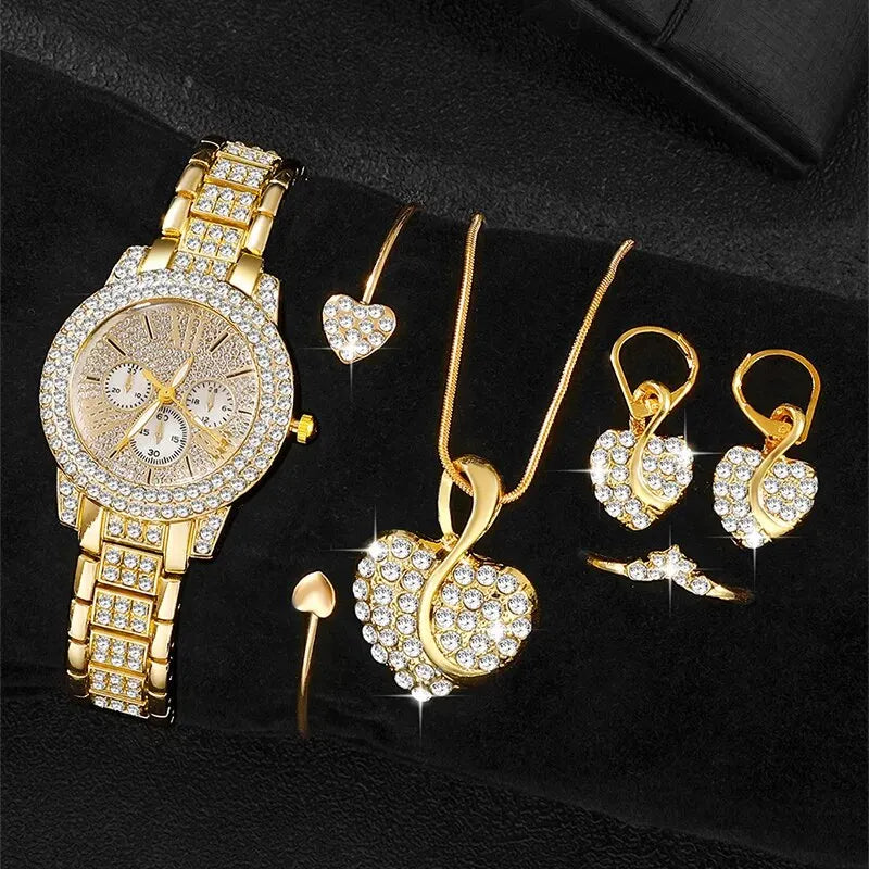 Montre à Quartz pour Femmes, Or, Luxe, Bague, Collier, Boucles d'Oreilles, Strass, Montre-Bracelet Tendance, Montres Décontractées pour Dames, Ensemble de Bijoux