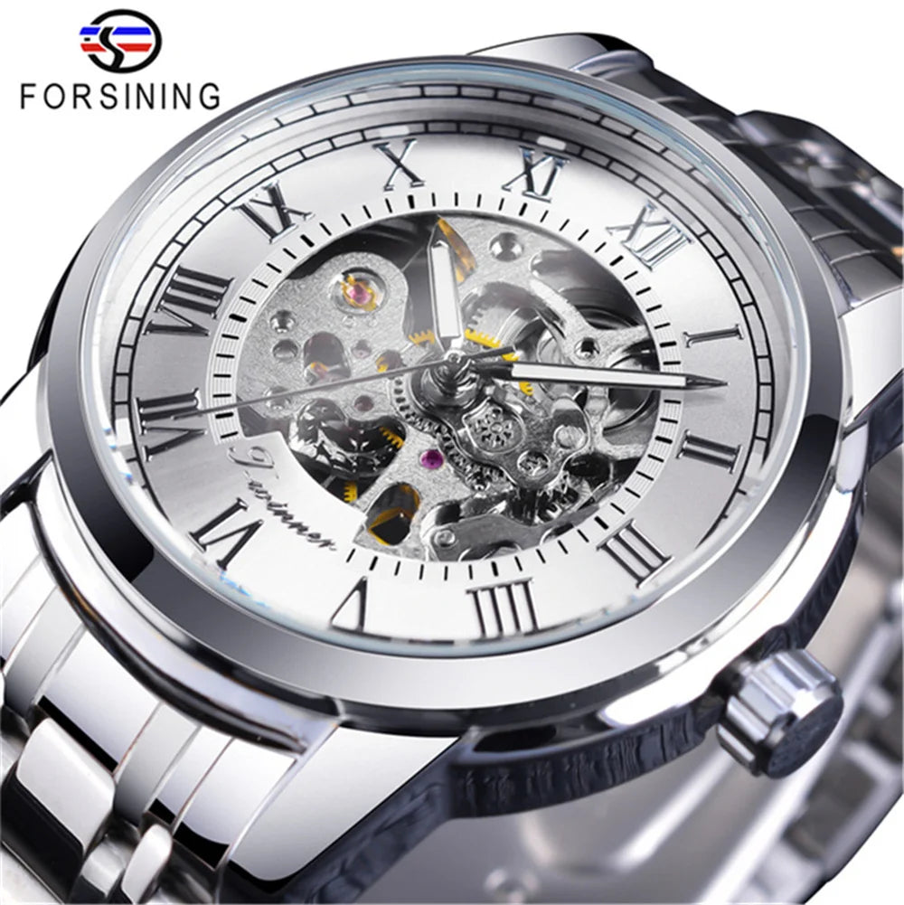 Forsining 349 Montre mécanique pour homme, boîtier rond, squelette, acier inoxydable, argenté et noir, montres-bracelets manuelles pour homme