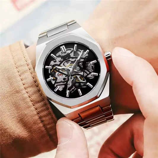 FORSINING 344D Top Brand Luxury Skeleton Automatic Mechanical Men's Watch Hollow Design Luminous Stainless Steel Strap Clock Men