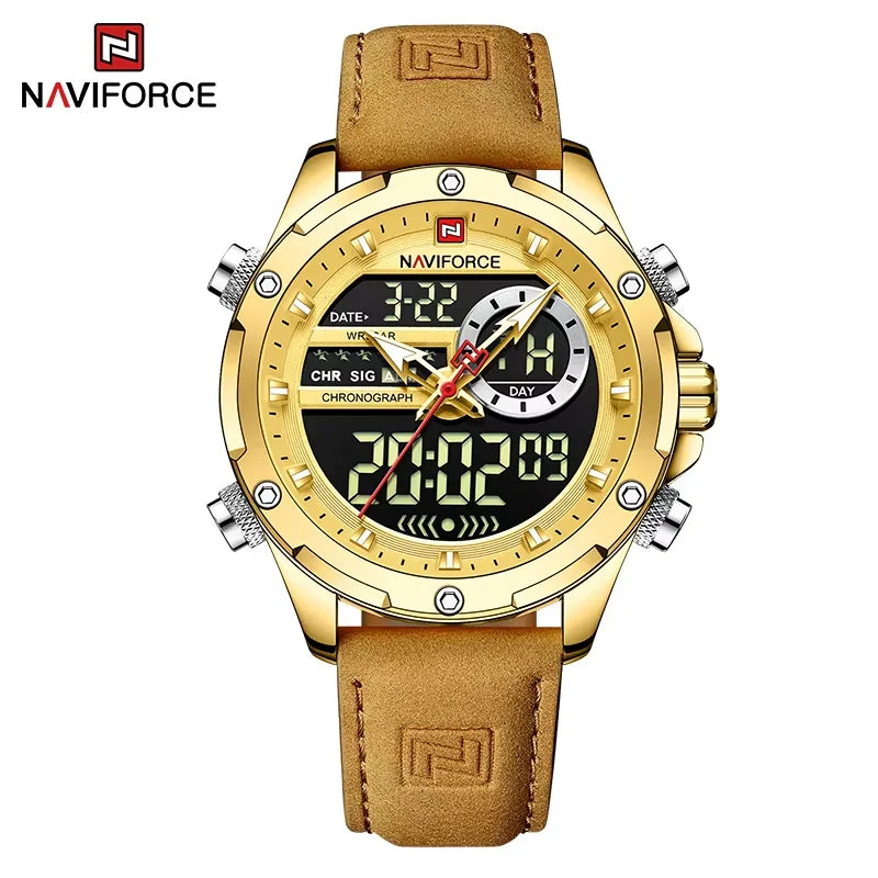 NAVIFORCE – Montres de mode pour homme, bracelet en cuir véritable, décontracté, militaire, étanche, chronographe numérique, mouvement à quartz, alarme