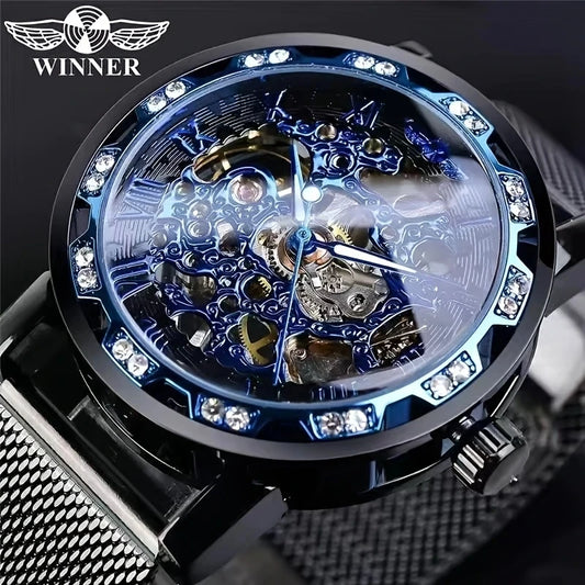 1 Piece of Men's Fashionable Diamond-Encrusted Manual Mechanical Watch, Skeleton Design Mesh Strap Watch, Stylish Casual Versatile Handsome Male Student Wristwatch, High-Value Gift Choice, No Battery Needed