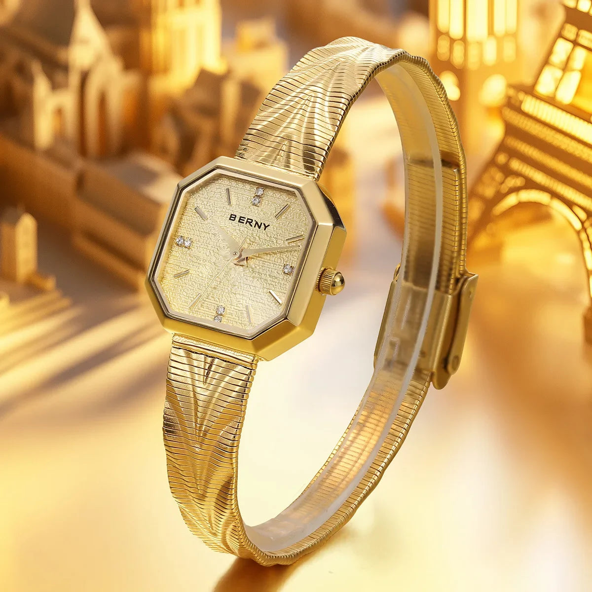 BERNY Gold Watch for Women Grit Dial Octagonal Ladies Quartz Wristwatch Stainless Steel Women Small Golden Watch Luxury Watches
