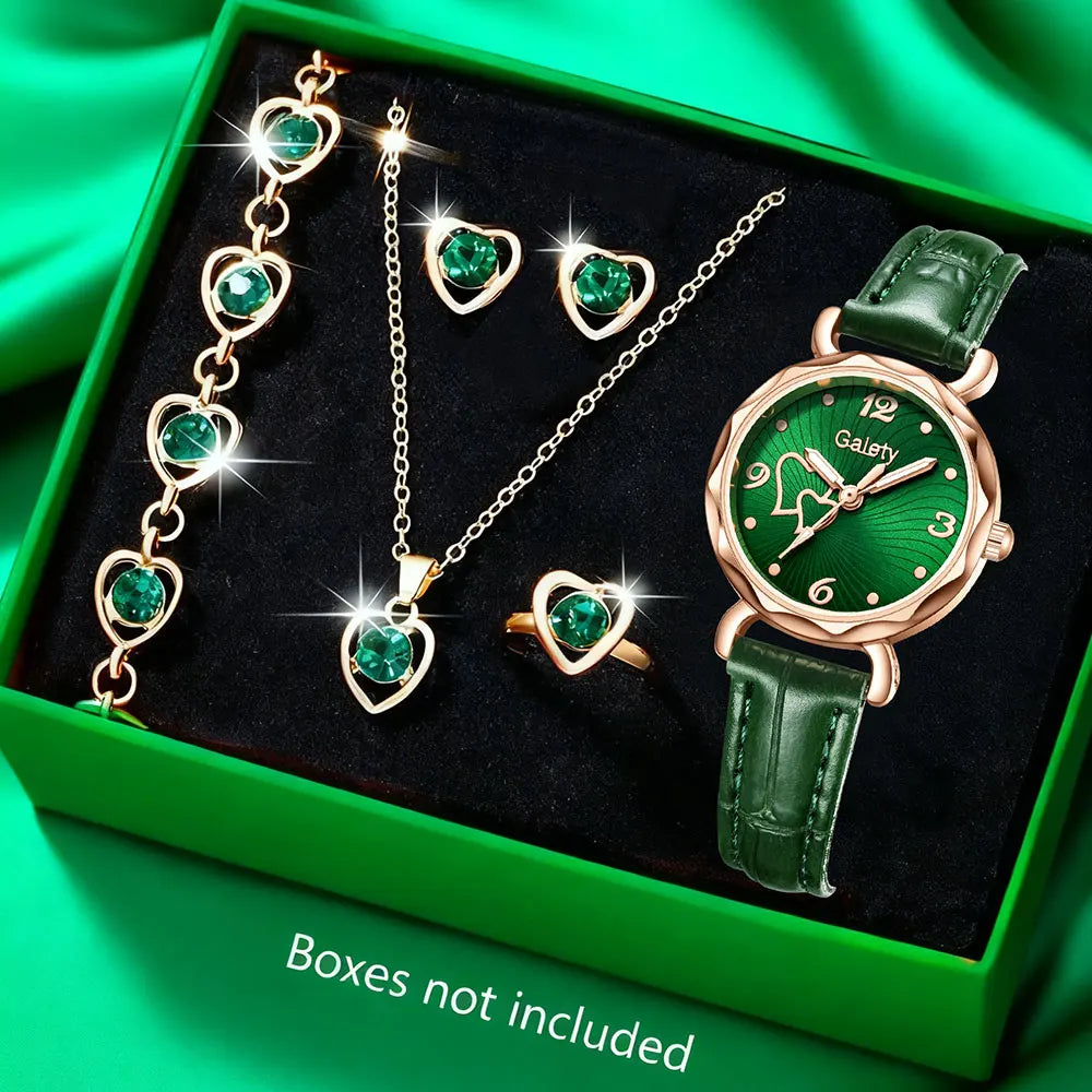 Montres Femme Fashion Montres Coeur Strass Bague Collier Boucles d'oreilles Ensemble de Bijoux Luxe Robe Montre à Quartz Simple Élégante Montre Cadeau