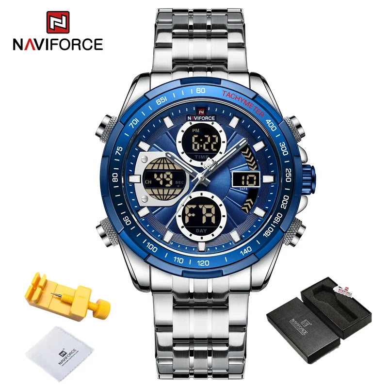 NAVIFORCE Montres-bracelets Homme Sport Décontracté Acier Inoxydable Étanche Lumineux Double Affichage Quartz Montre Horloge Homme Reloj Hombre