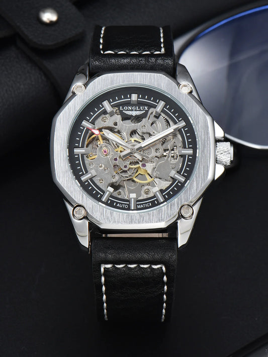 Men automatic watch waterproof sport skeleton mechanical watches outdoors fashion leather mens watch boyfriend gift