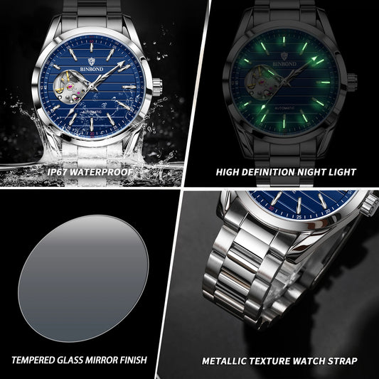 BINBOND Luxury mechanical wristwatches for men luminous waterproof automatic tourbillon men's watch vintage skeleton reloj